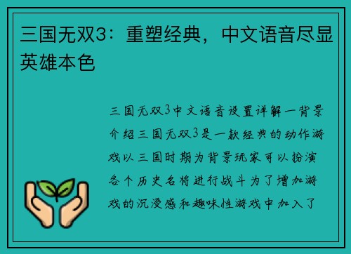 三国无双3：重塑经典，中文语音尽显英雄本色